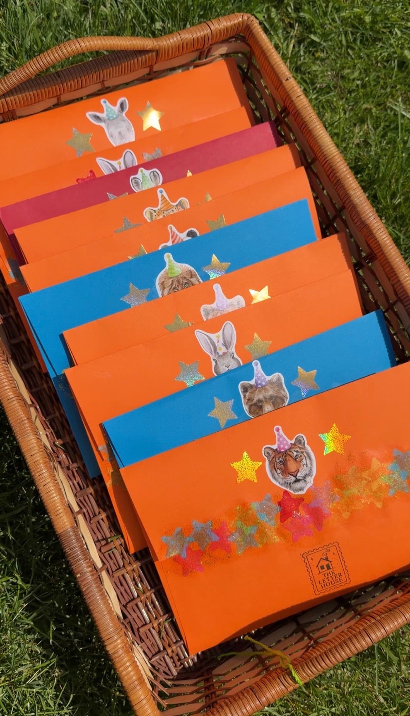 Colorful handmade Letter House envelopes ready to be mailed