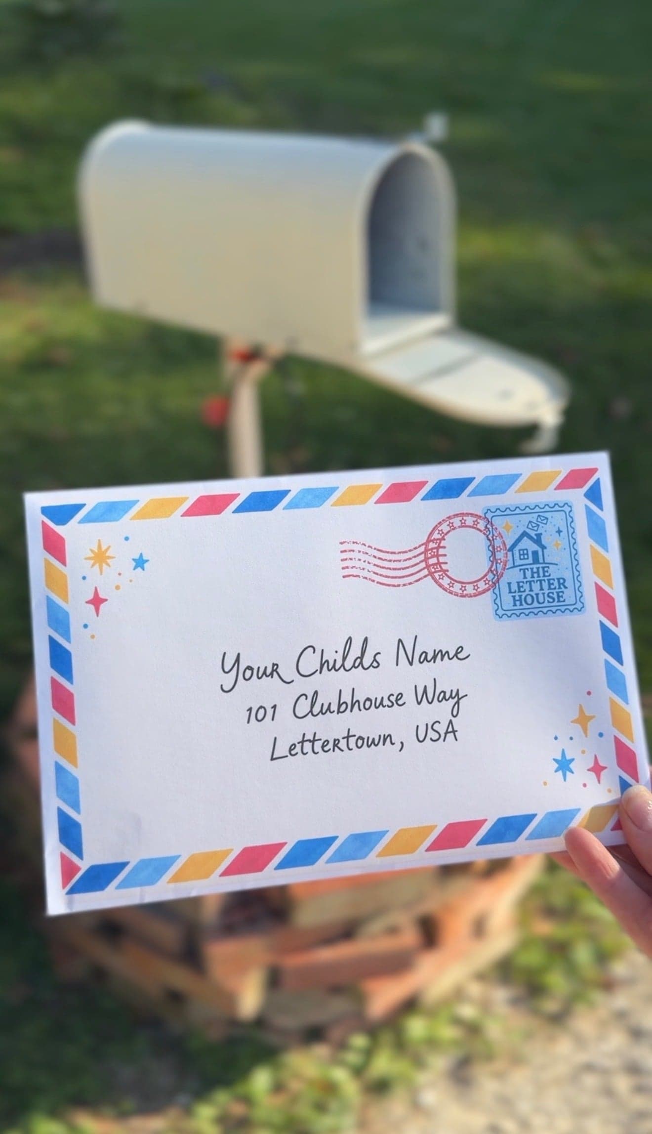 A Letter House envelope held in front of a mailbox